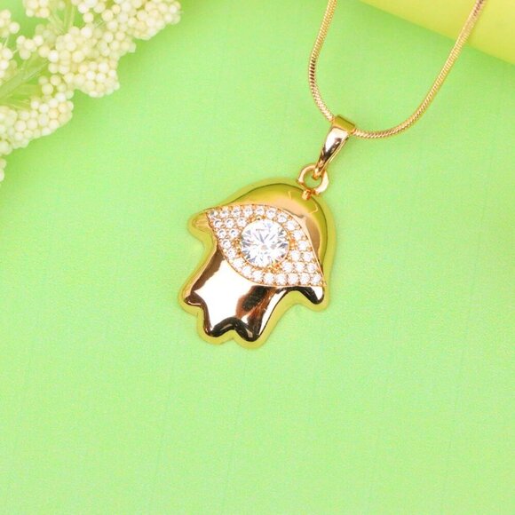 "White Evil Eye Hamsa Pendant in Gold Plated Brass – Sparkling Charm, XPPT1755 - Picture 2 of 13